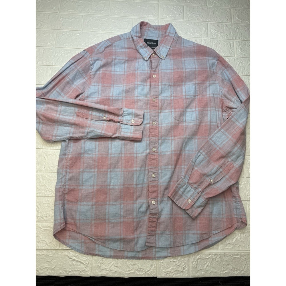 Bonobos Mens Slim Fit Long Sleeve Button Down Plaid Shirt Blue Pink XXL